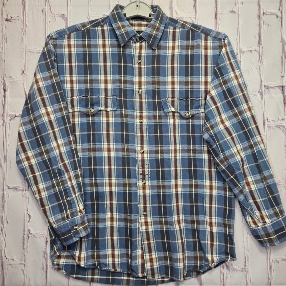 Vintage Eddie Bauer Button Down Shirt Blue Plaid Elkhorn Twill Outdoor Men Sz S